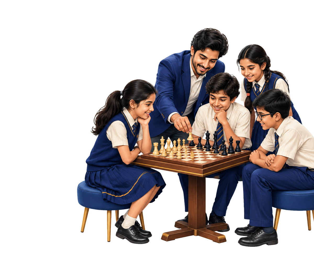 Chess students training together with a coach